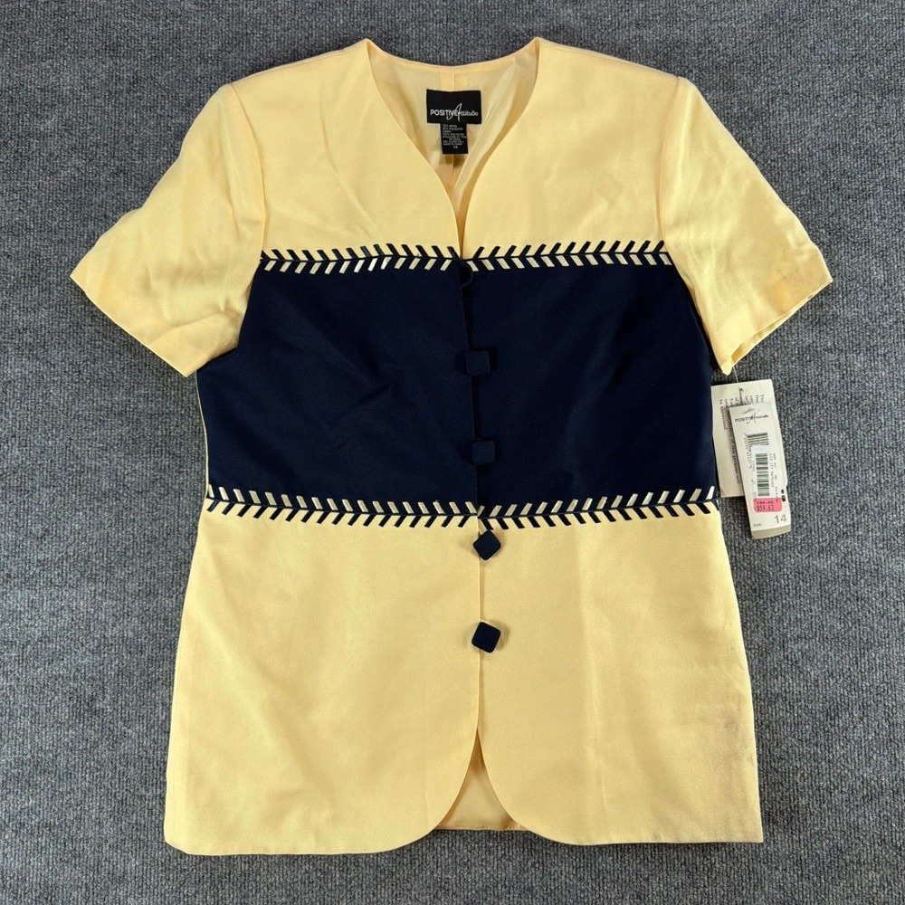 VTG Positive Attitude Yellow Navy Colorblock Blazer Jacket Sz 14 NWT retro 80's‎